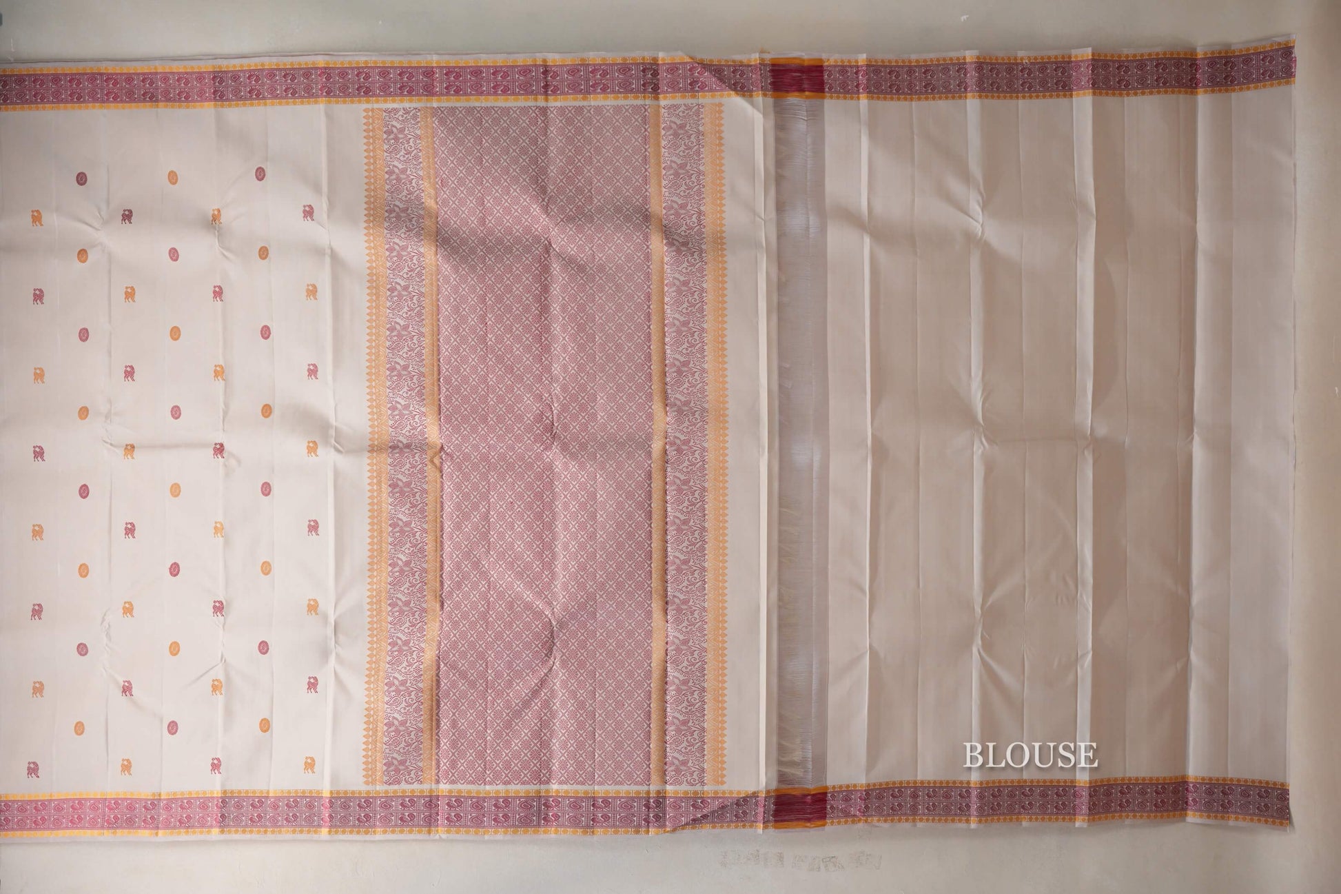 Ivory White with Pink and Mustard Yellow Borders Thread Woven Vintage Kanjivaram Silk Saree blouse