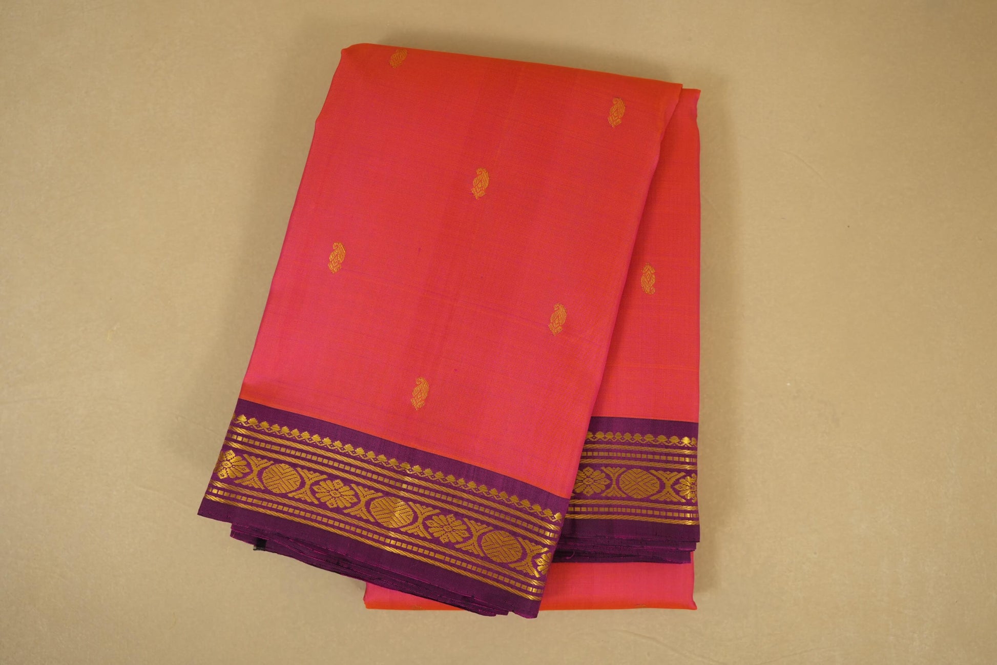 Pinkish Orange with magenta borders Vintage Kanjivaram Silk Saree