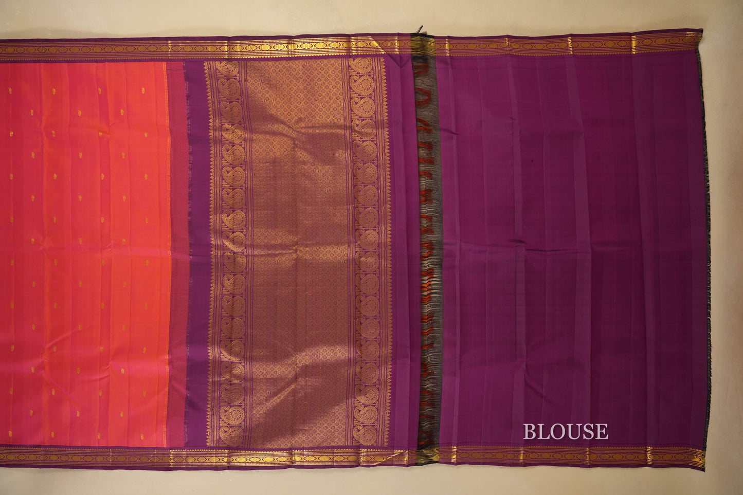 Pinkish Orange with magenta borders Vintage Kanjivaram Silk Saree blouse