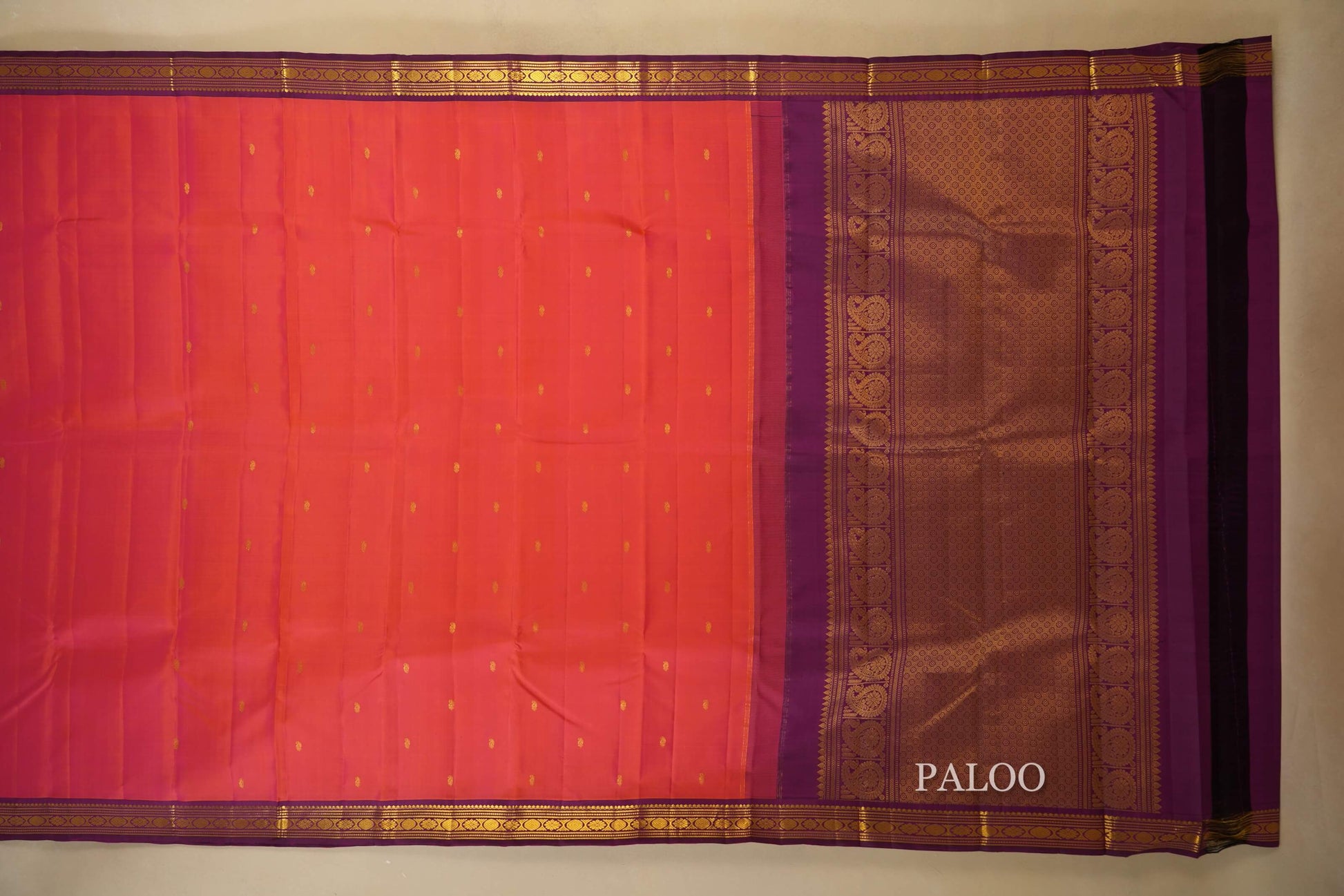 Pinkish Orange with magenta borders Vintage Kanjivaram Silk Saree paloo
