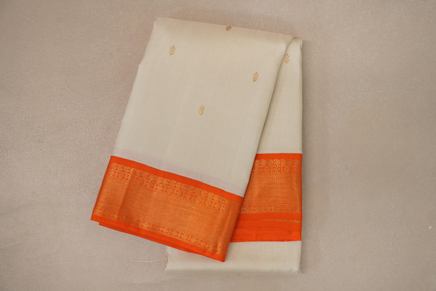 Cream with Bright Orange Borders Vintage Kanjivaram Silk Saree