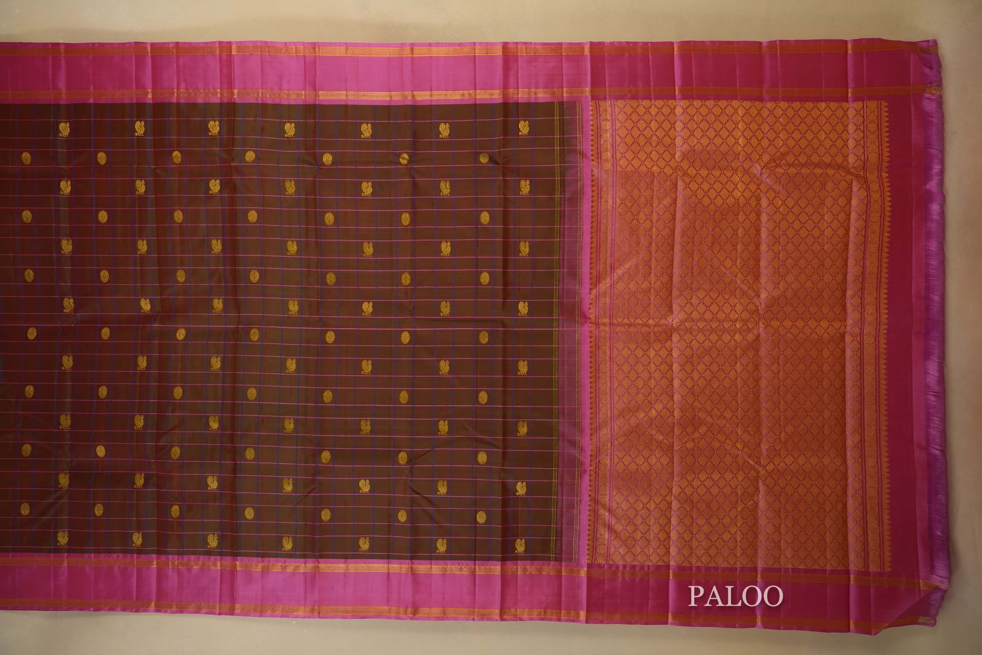 Manthulir with pink borders Vintage Kanjivaram Silk Saree  paloo
