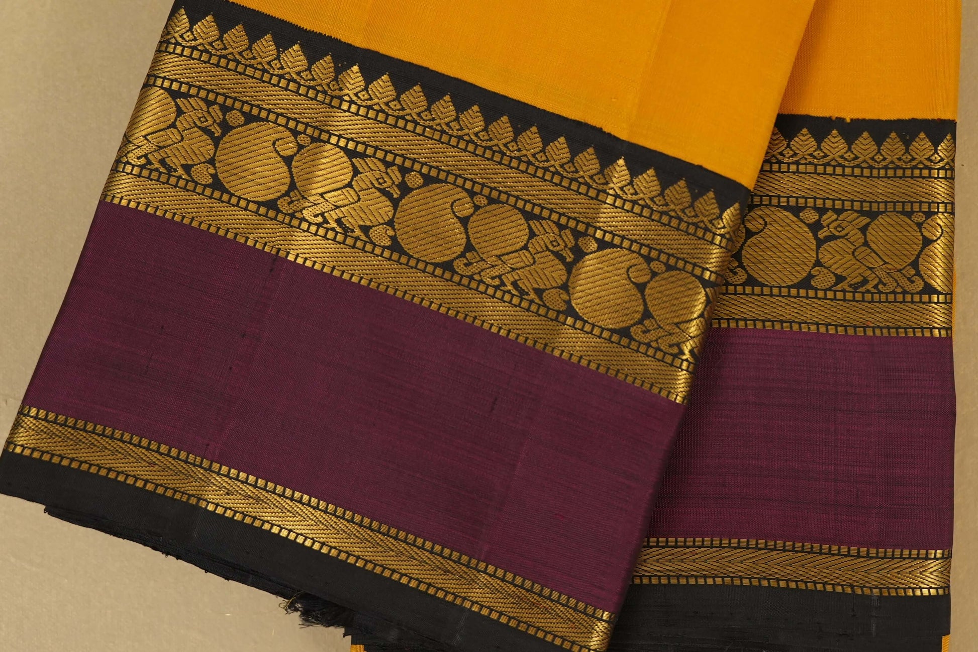 Mustard with black/magenta borders Vintage Kanjivaram Silk Saree  border
