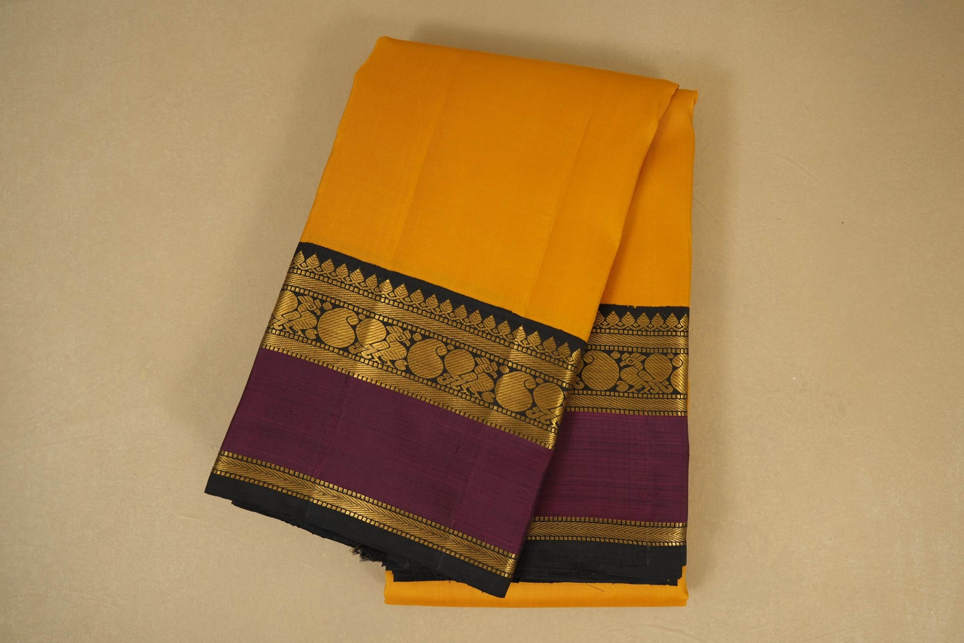 Mustard with black/magenta borders Vintage Kanjivaram Silk Saree 