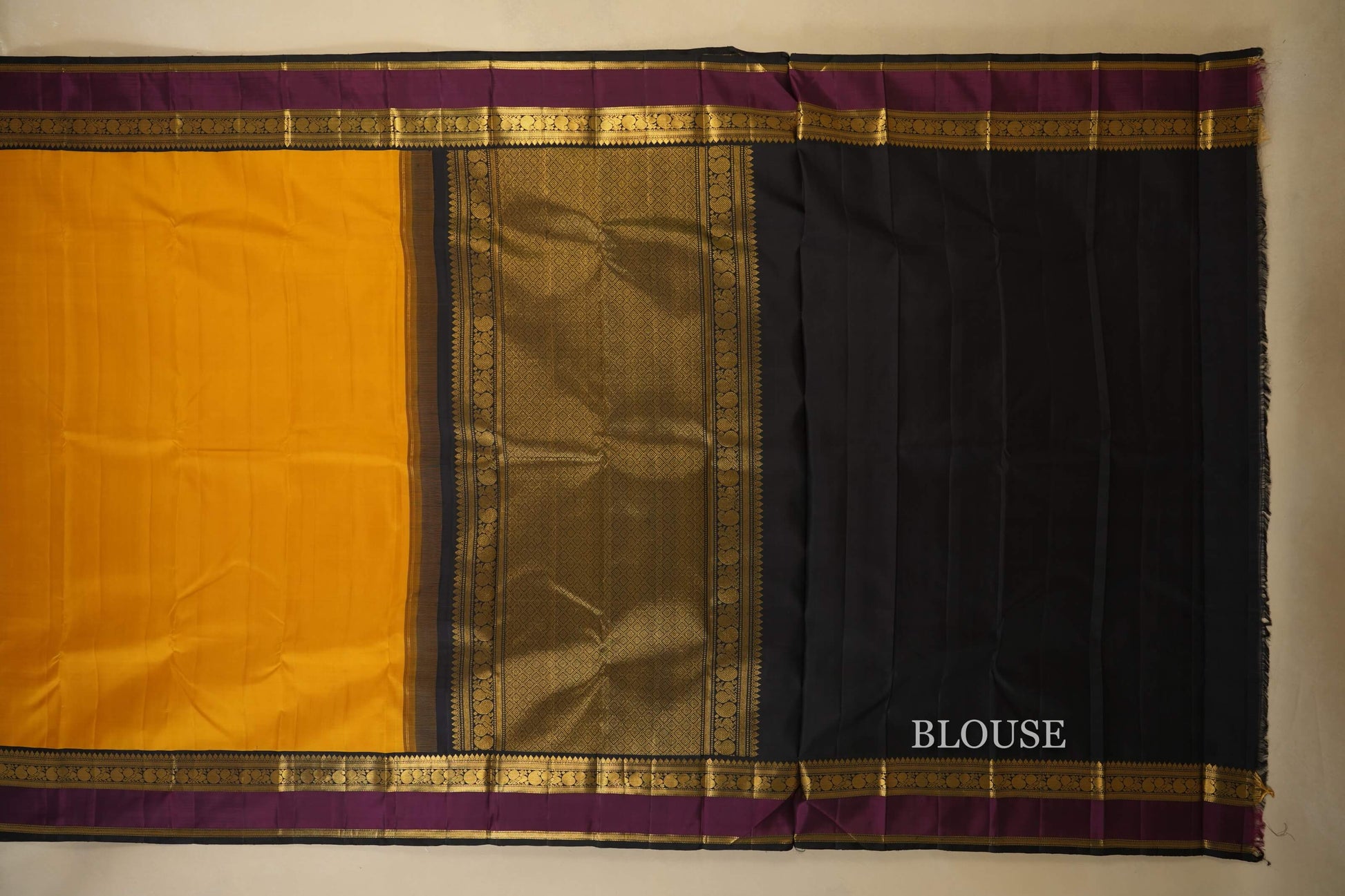 Mustard with black/magenta borders Vintage Kanjivaram Silk Saree  blouse