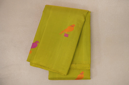 Parrot Green Borderless Thread Woven Vintage Kanjivaram Silk Saree