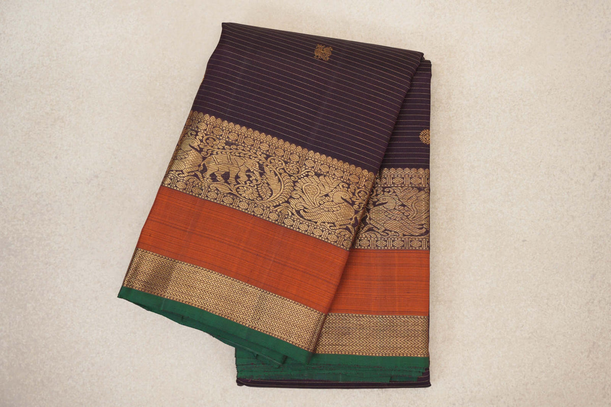 folded Deep Plum Brown Vintage Kanjivaram Silk Saree