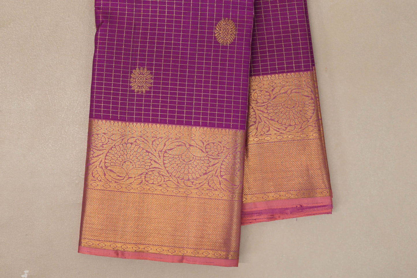 Magenta Purple with Pink Peach Vintage Kanjivaram Silk Saree borders