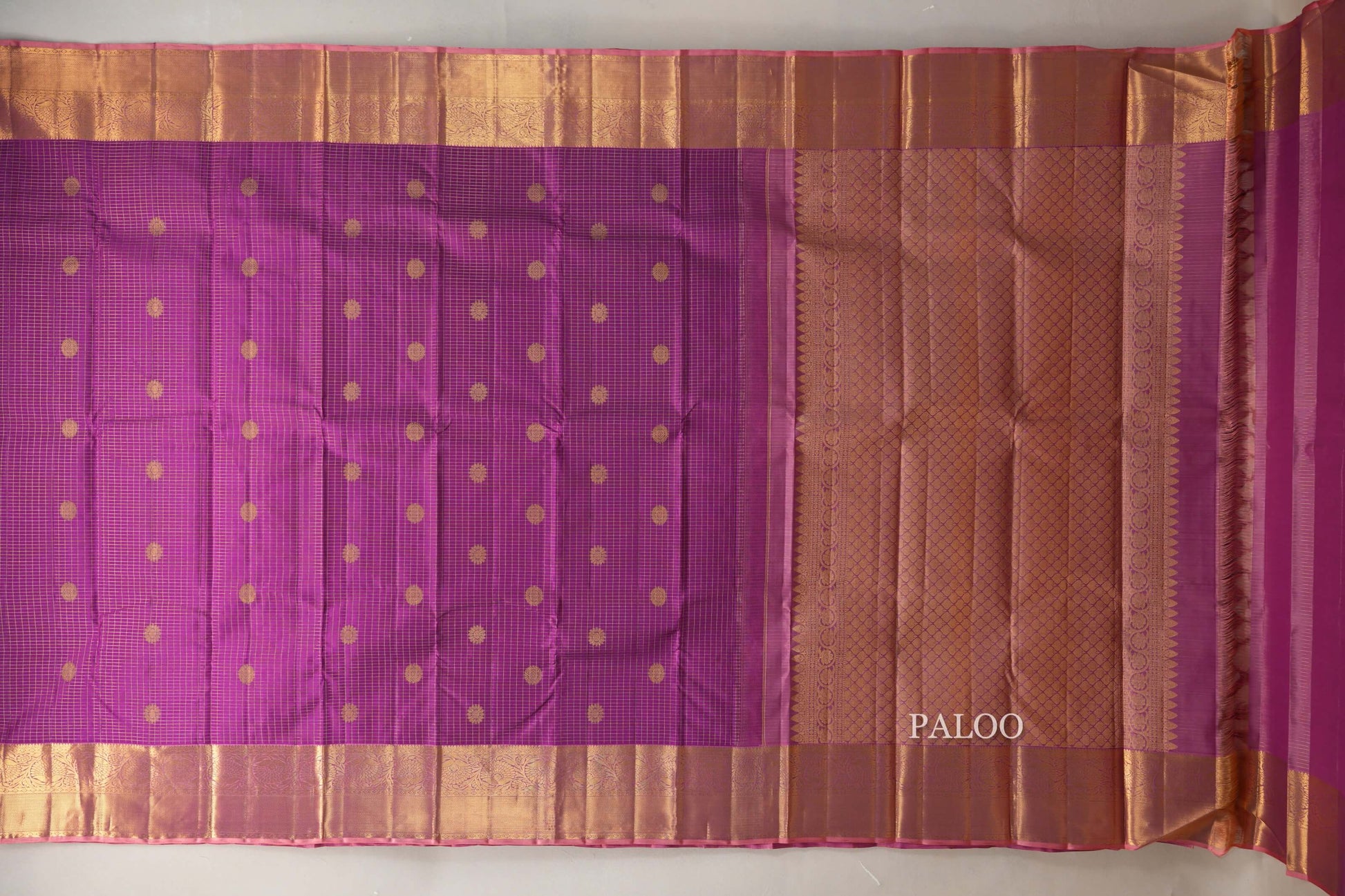 Magenta Purple with Pink Peach Vintage Kanjivaram Silk Saree paloo