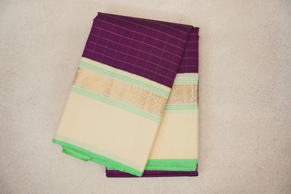 folded Deep Magenta Purple with Cream Borders Vintage Kanjivaram Silk Saree 
