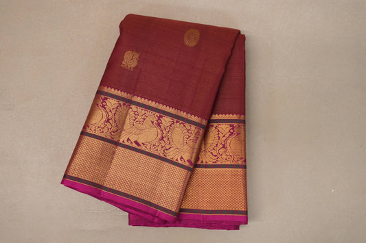 Deep Maroon with Bright Pink Borders Vintage Kanjivaram Silk Saree