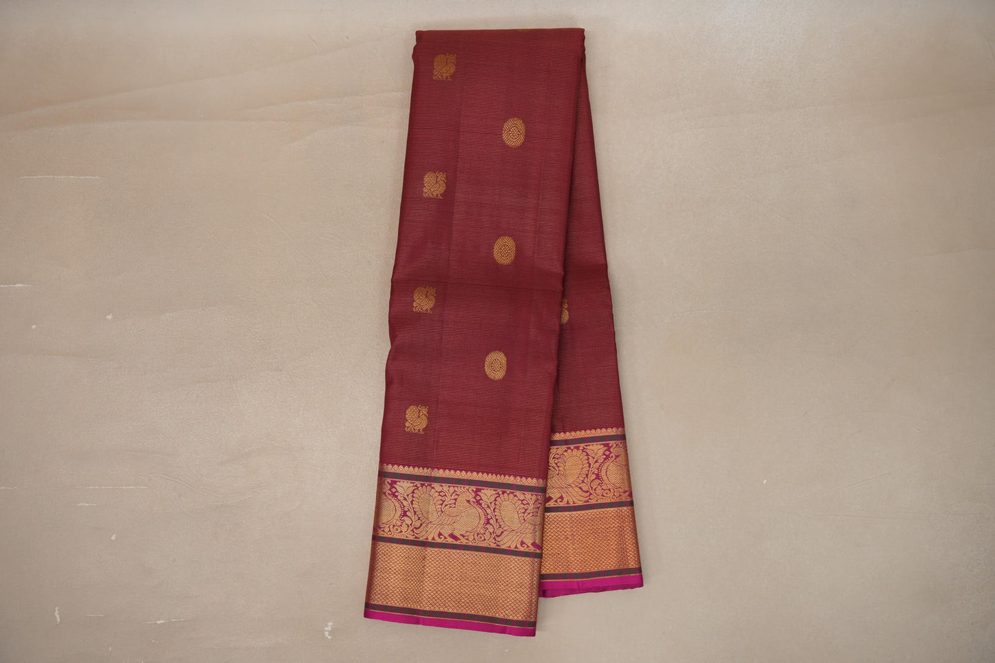 Online Deep Maroon with Bright Pink Borders Vintage Kanjivaram Silk Saree
