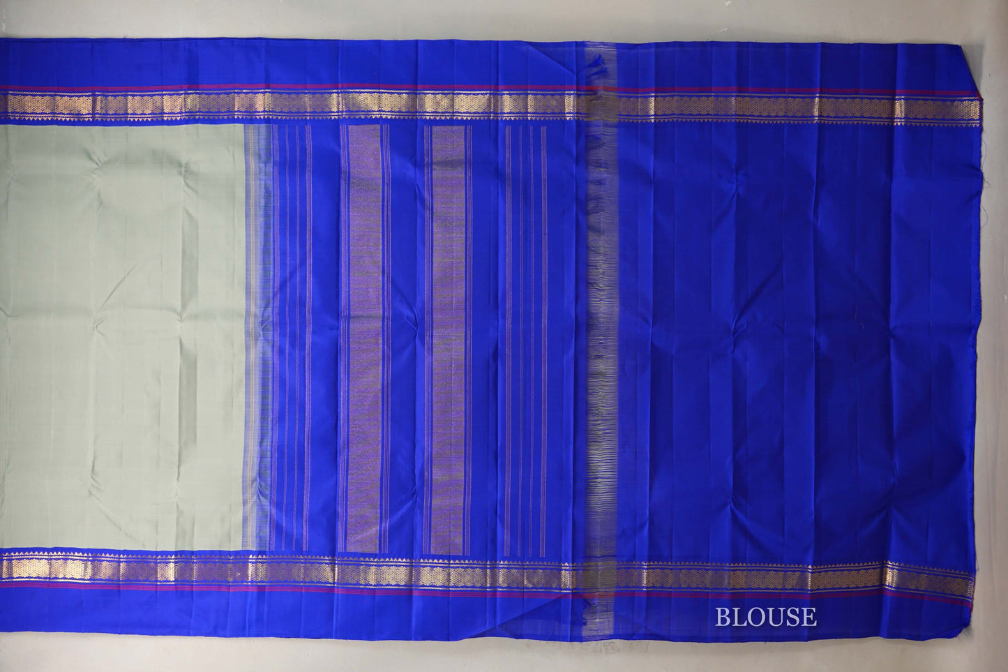 Sage Green with Royal Blue Borders Vintage Kanjivaram Silk Saree blouse
