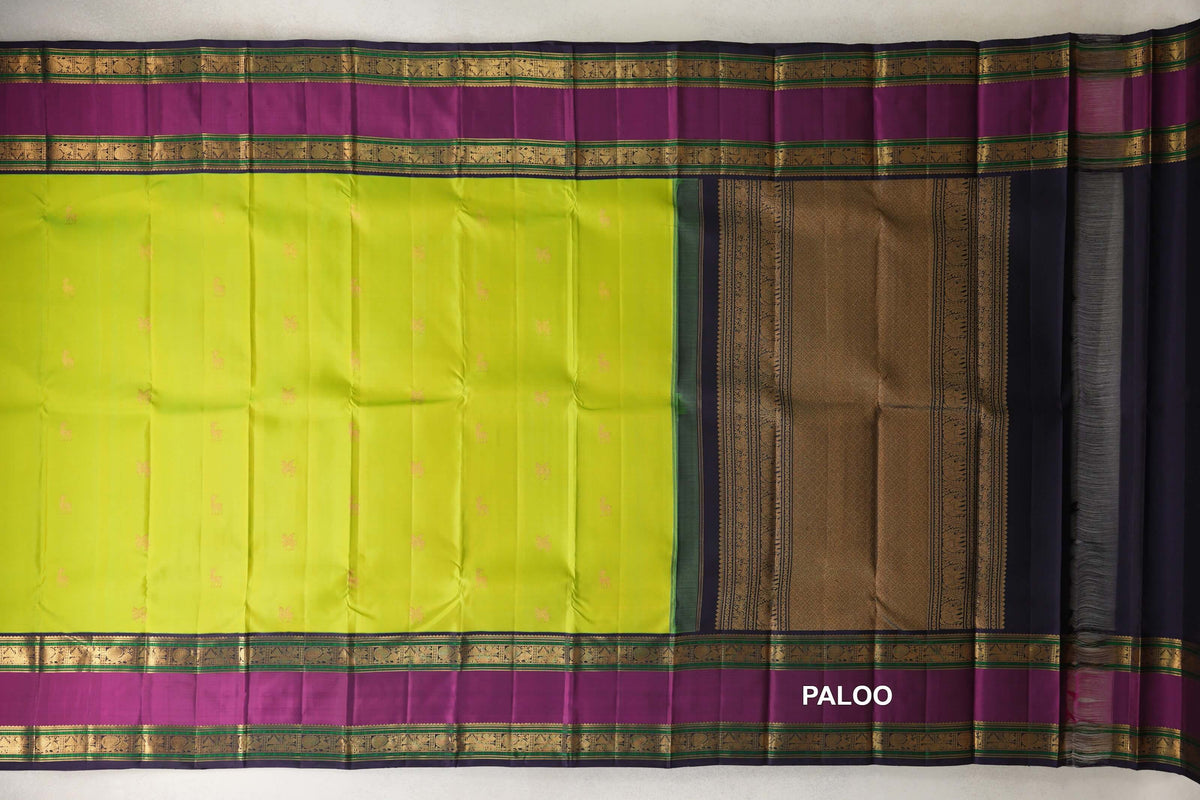 Parrot Green Vintage Kanjivaram Silk Saree paloo