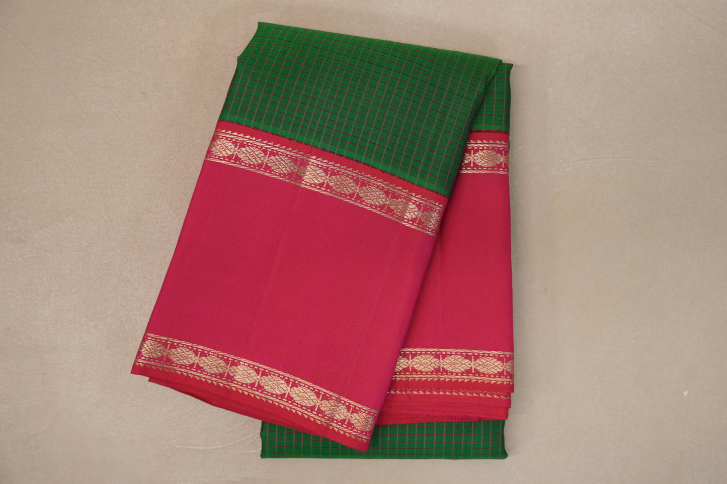 Dark Green with Orangish Pink Borders Vintage Kanjivaram Silk Saree