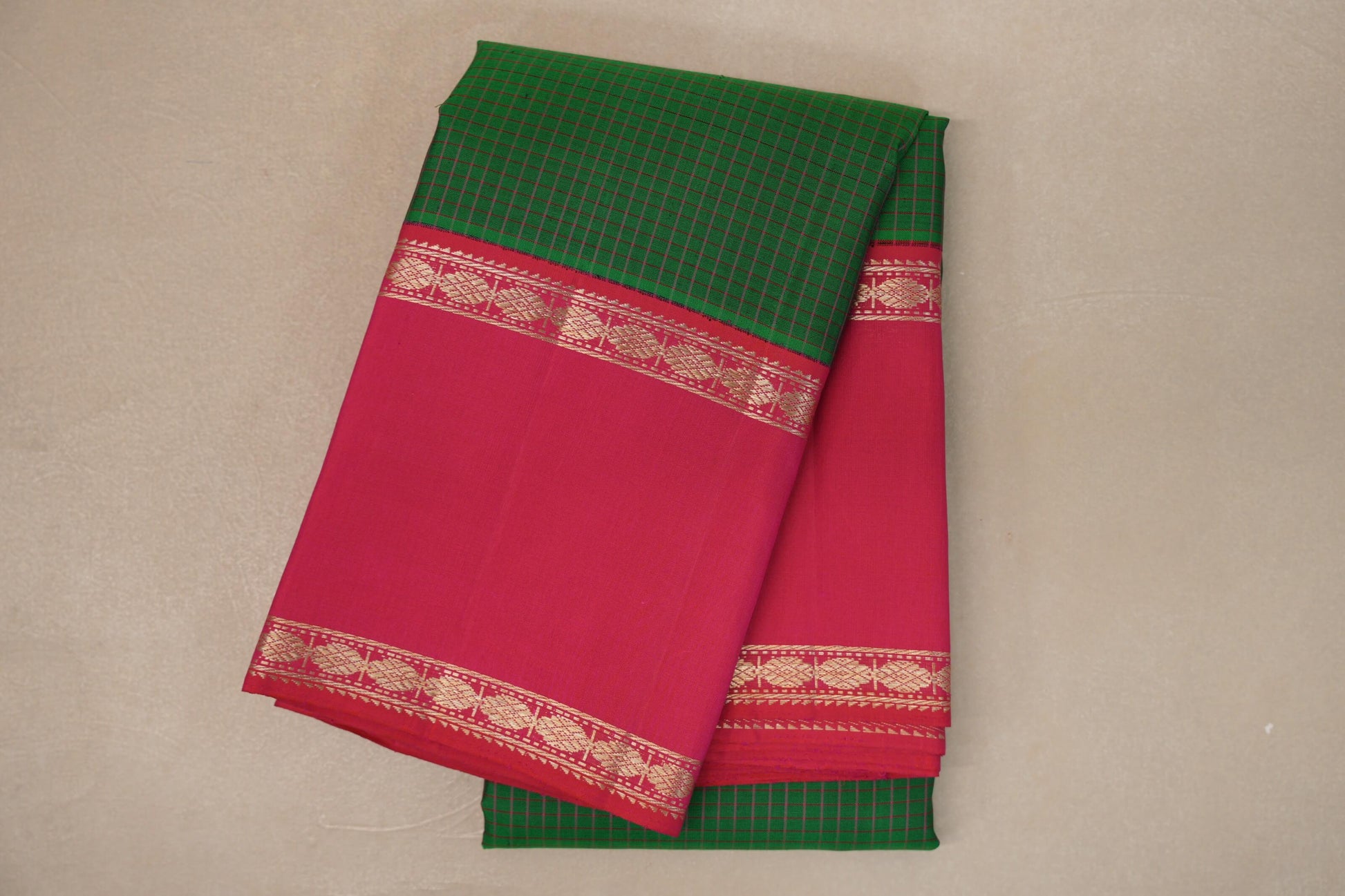 Dark Green with Orangish Pink Borders Vintage Kanjivaram Silk Saree