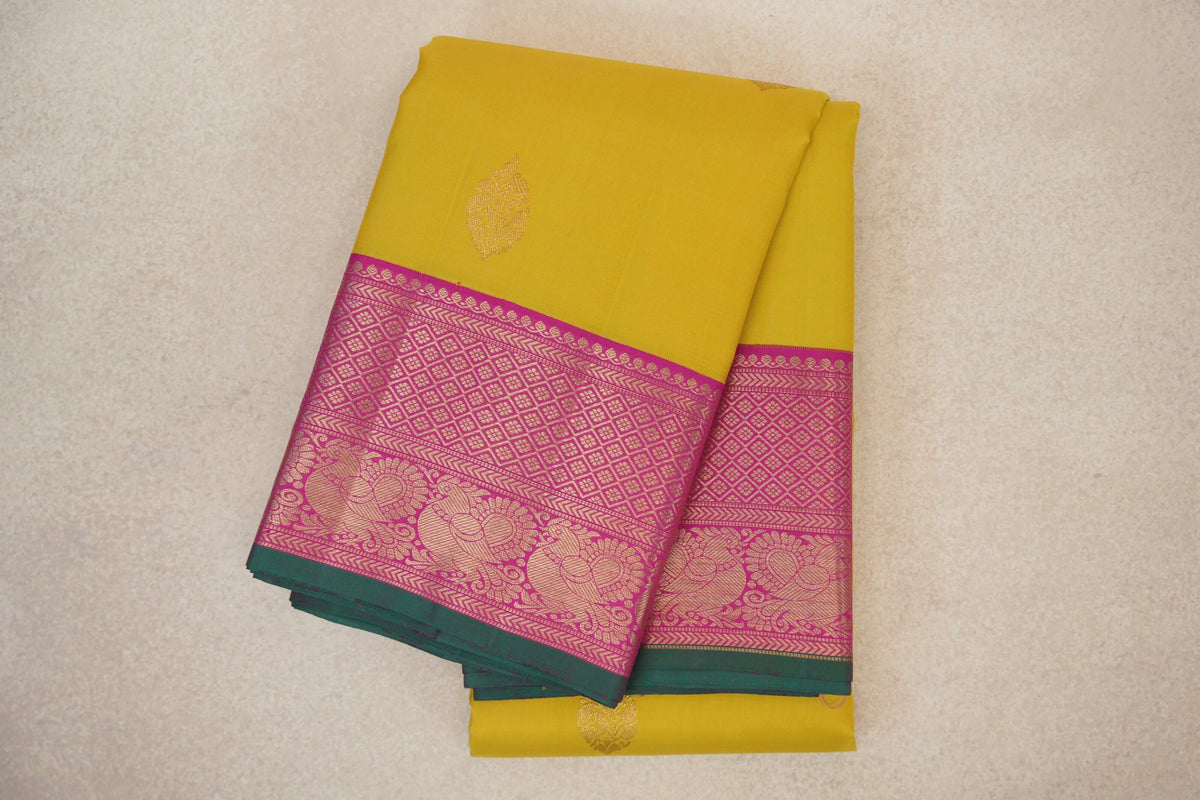 folded Lemon Yellow Vintage Kanjivaram Silk Saree