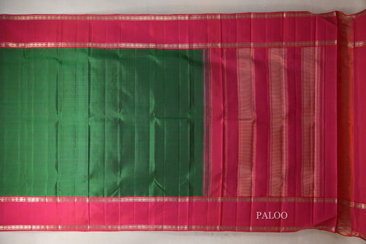 Dark Green with Orangish Pink Borders Vintage Kanjivaram Silk Saree paloo