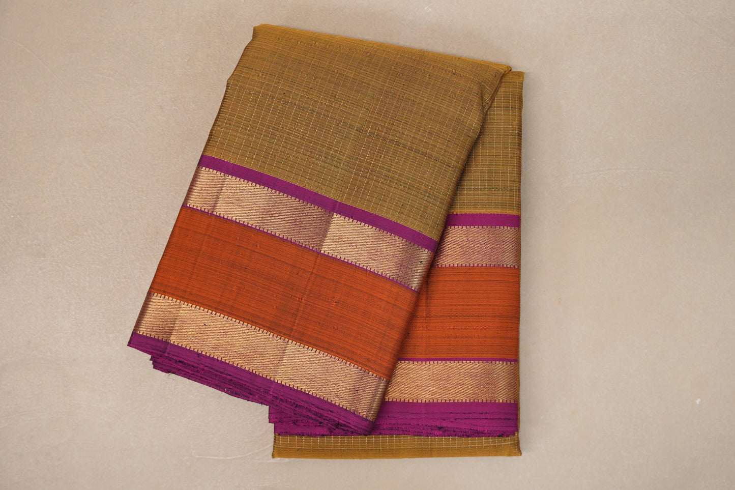 Golden Olive Green with Deep Magenta Borders Vintage Kanjivaram Silk Saree