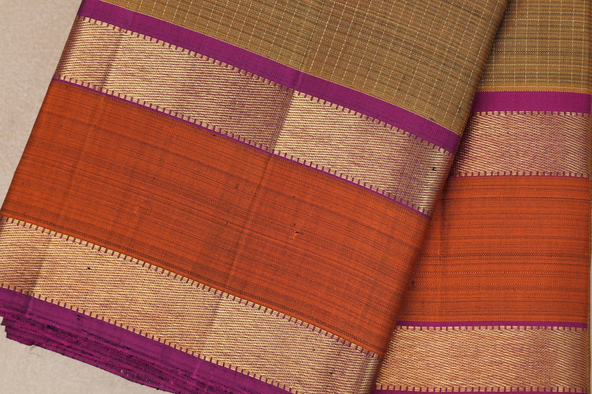 Golden Olive Green Vintage Kanjivaram Silk Saree rettai pettu borders