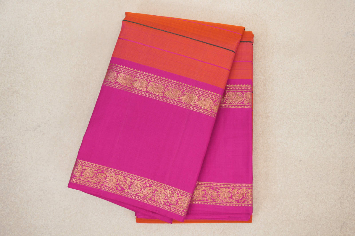 folded Dual Tone of Bright Orange and Pink Vintage Kanjivaram Silk Saree
