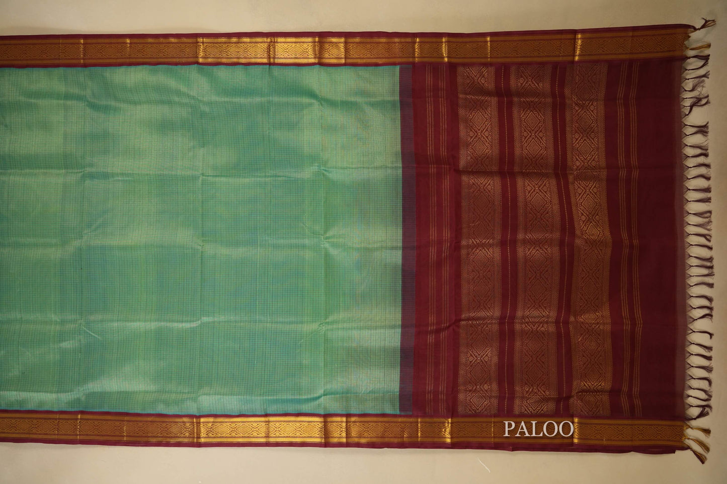 Rexona Green with maroon Borders Silk Cotton Saree paloo