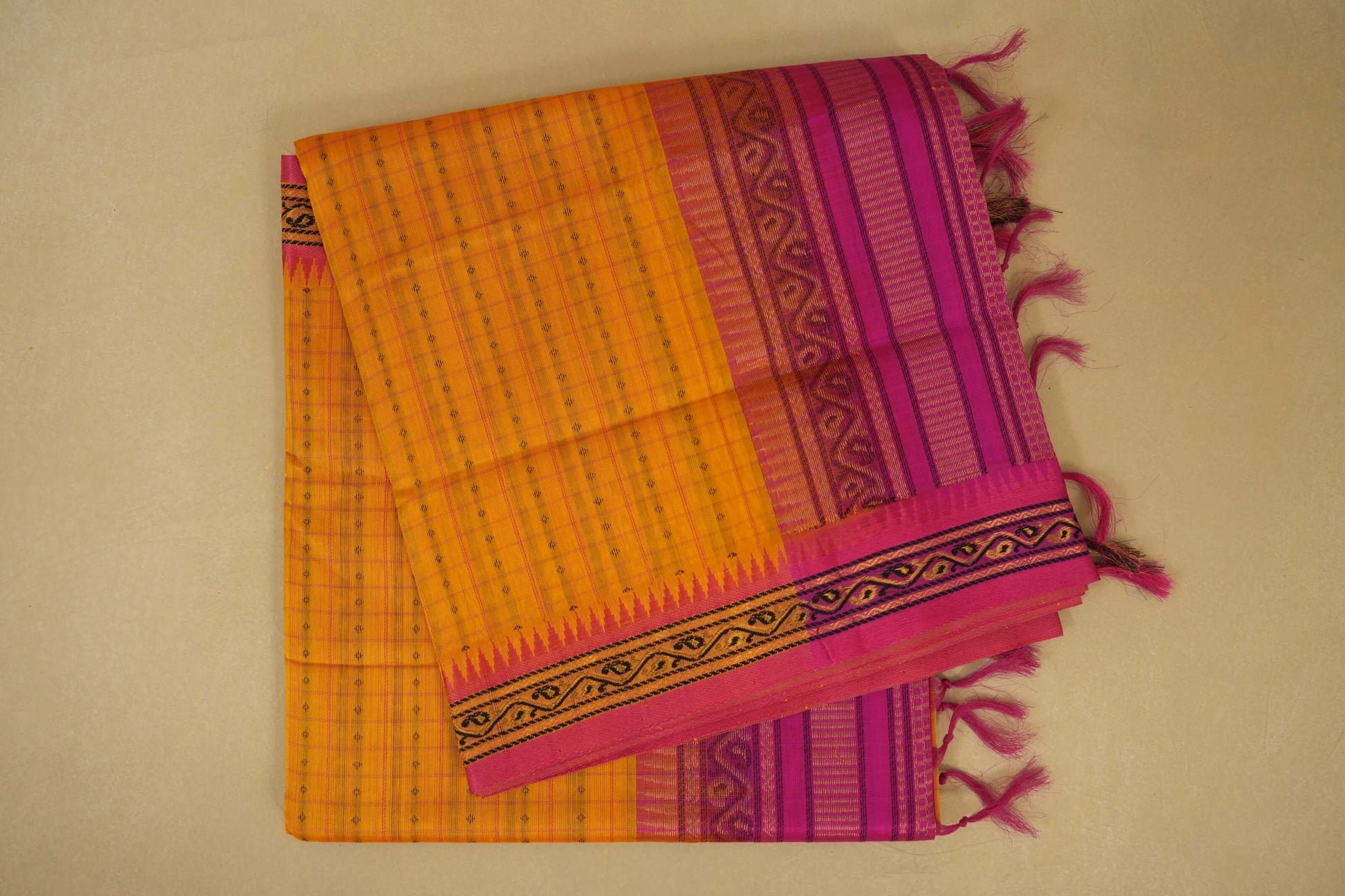 Mustard with pink Borders Silk Cotton Saree 