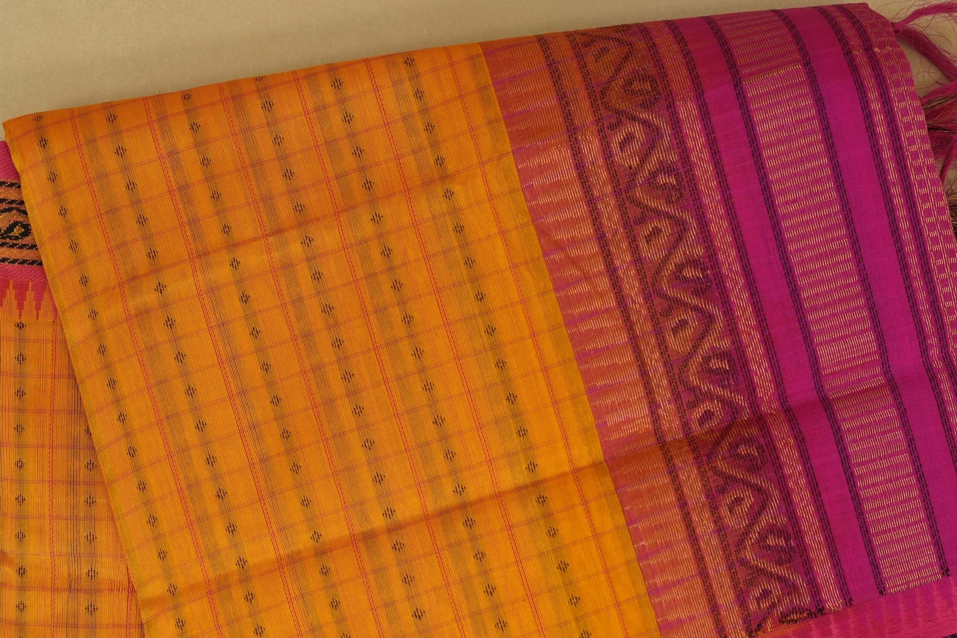 Mustard with pink Borders Silk Cotton Saree  body