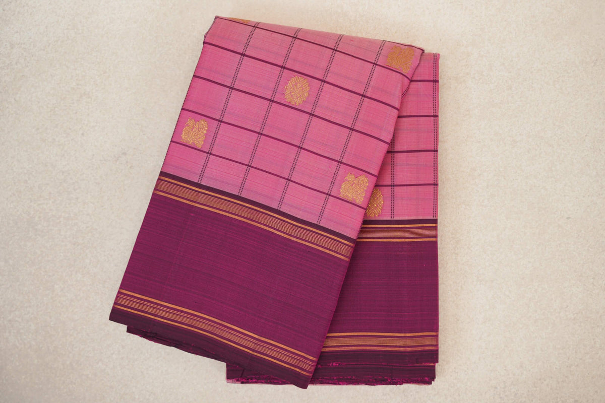 folded Dusty Pink with Grape Purple Borders Vintage Kanjivaram Silk Saree 