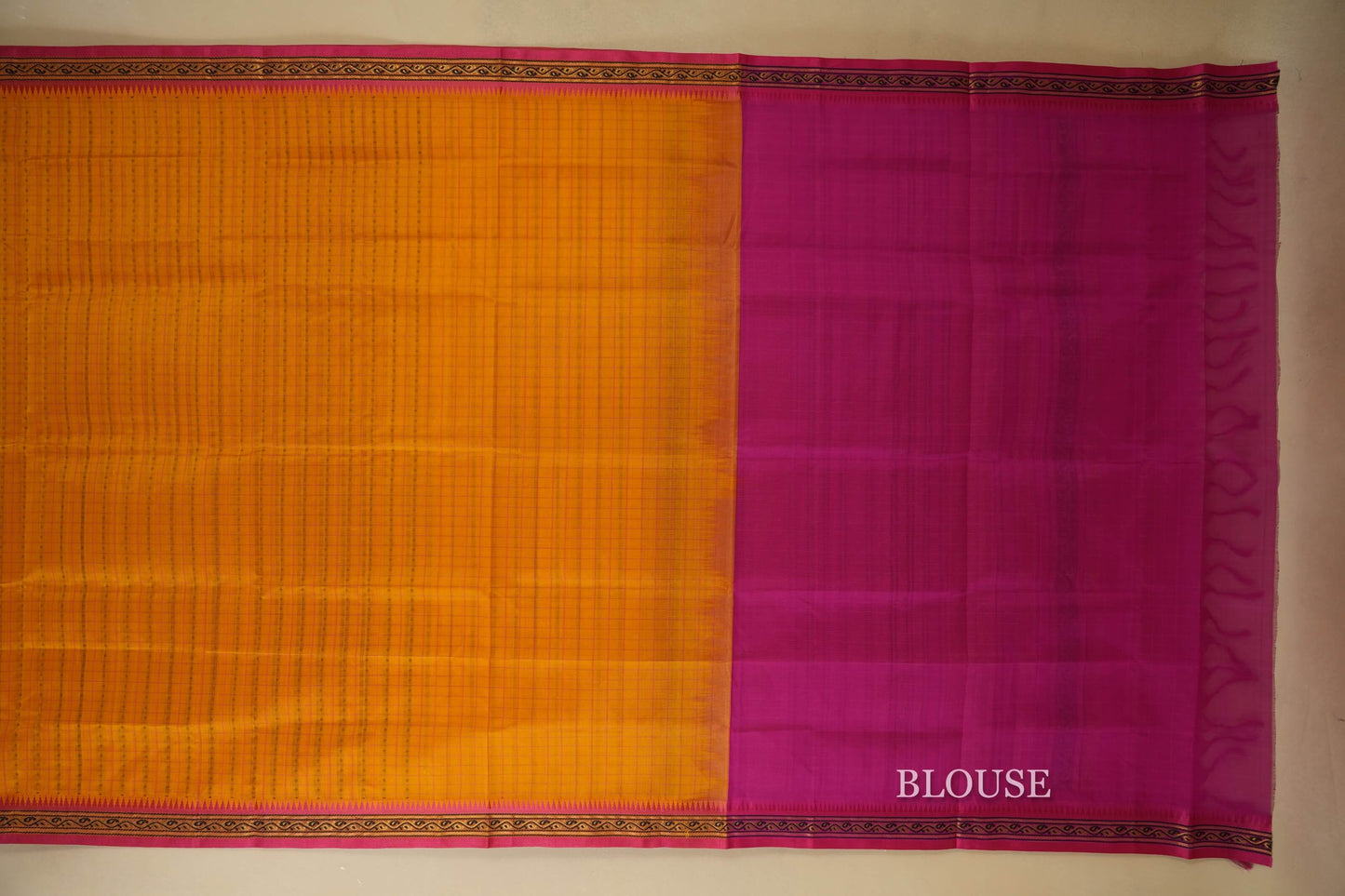 Mustard with pink Borders Silk Cotton Saree blouse