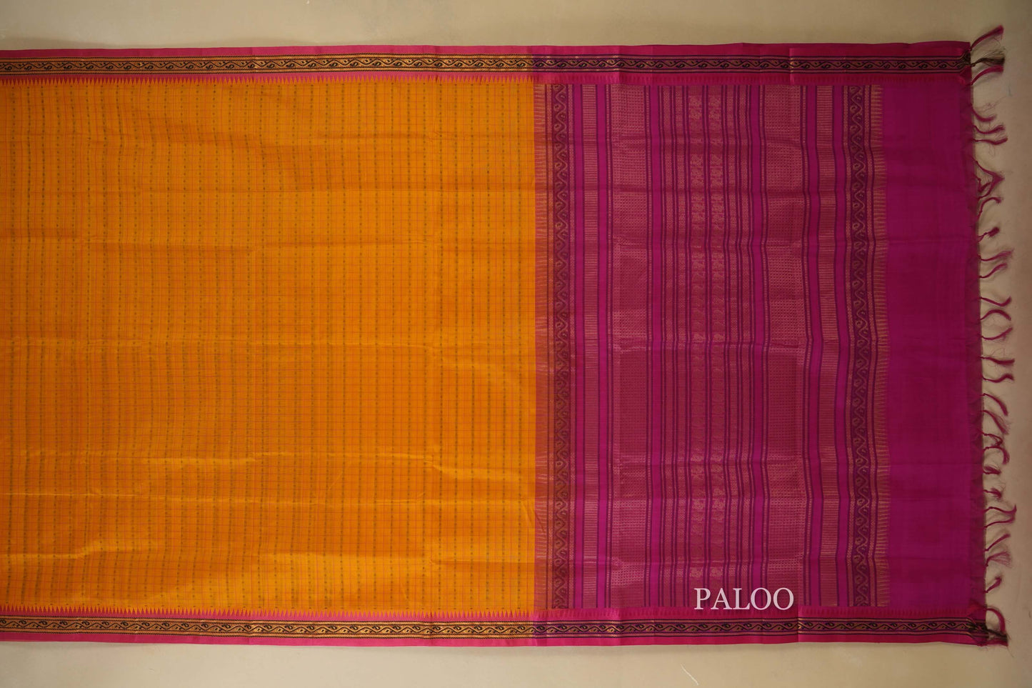 Mustard with pink Borders Silk Cotton Saree paloo