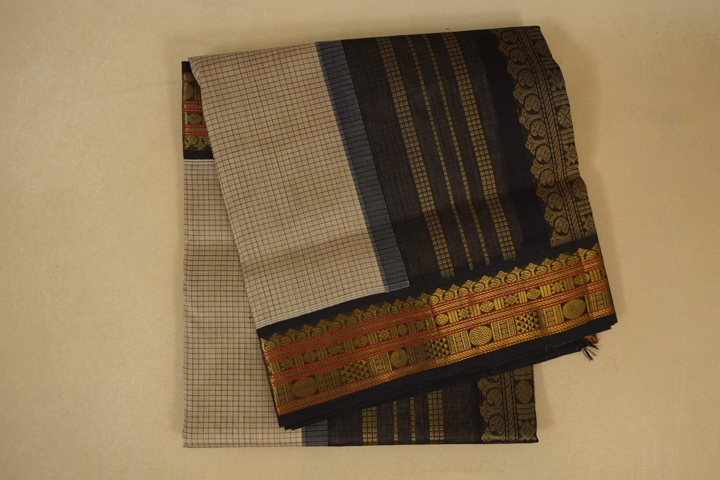Beige with Black Borders Silk Cotton Saree