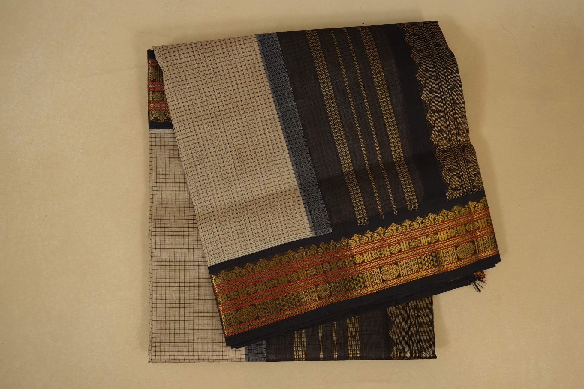 Beige with Black Borders Silk Cotton Saree