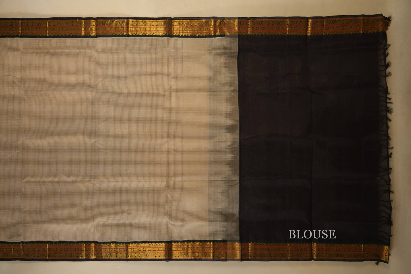 Beige with Black Borders Silk Cotton Saree blouse