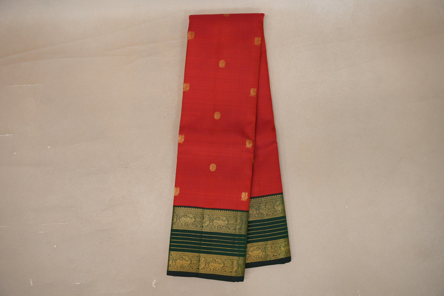 Online Bright Red with Dark Bottle Green Borders Vintage Kanjivaram Silk Saree