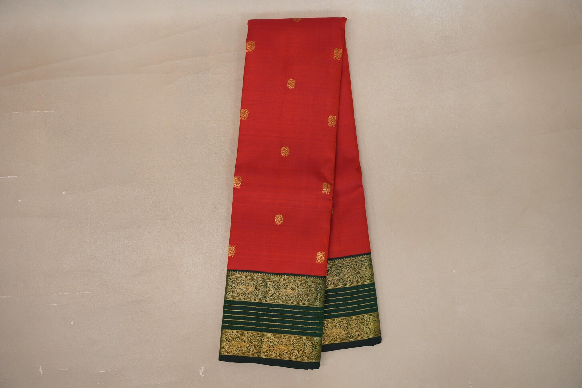Online Bright Red with Dark Bottle Green Borders Vintage Kanjivaram Silk Saree