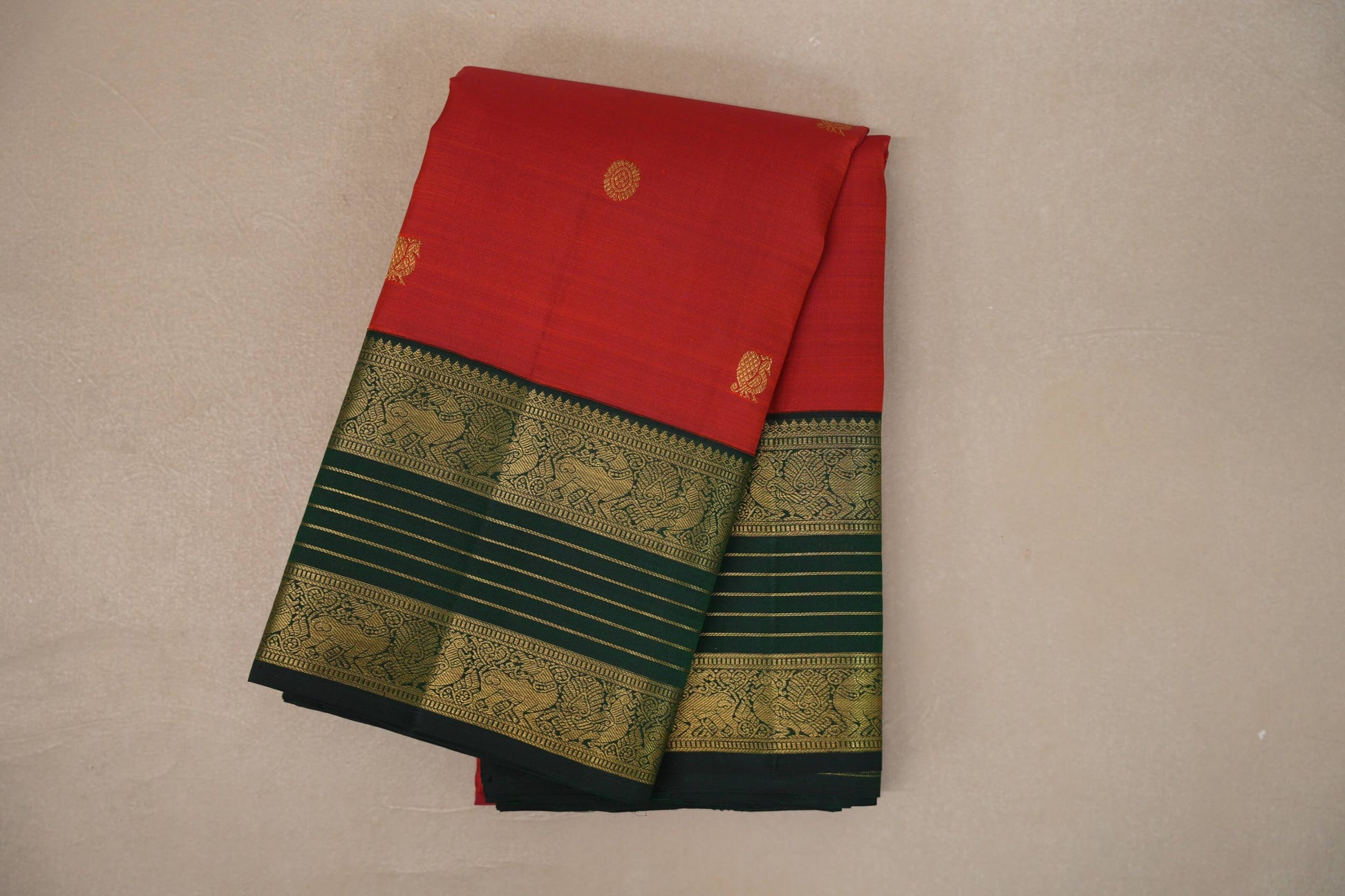 Bright Red with Dark Bottle Green Borders Vintage Kanjivaram Silk Saree