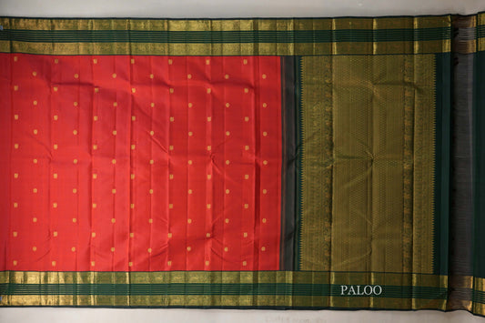 Bright Red with Dark Bottle Green Borders Vintage Kanjivaram Silk Saree paloo