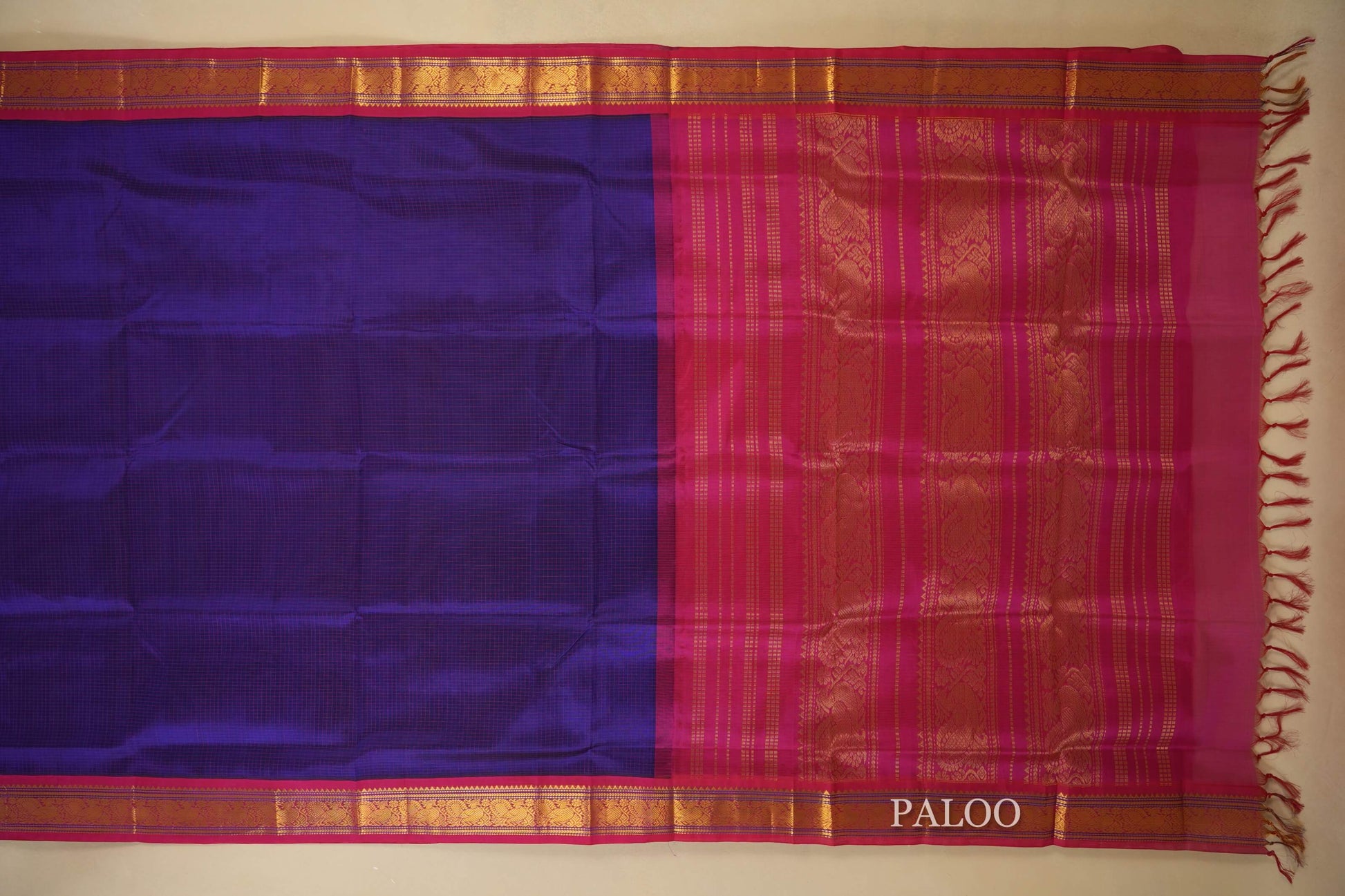 Blue with Pink Borders Silk Cotton Saree paloo