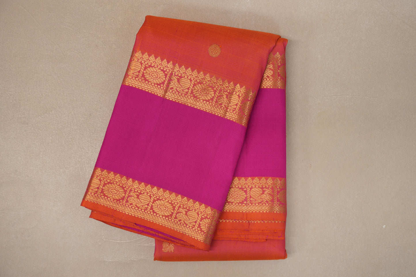 Dual Tone of Pink and Orange with Deep Pink Borders Vintage Kanjivaram Silk Saree
