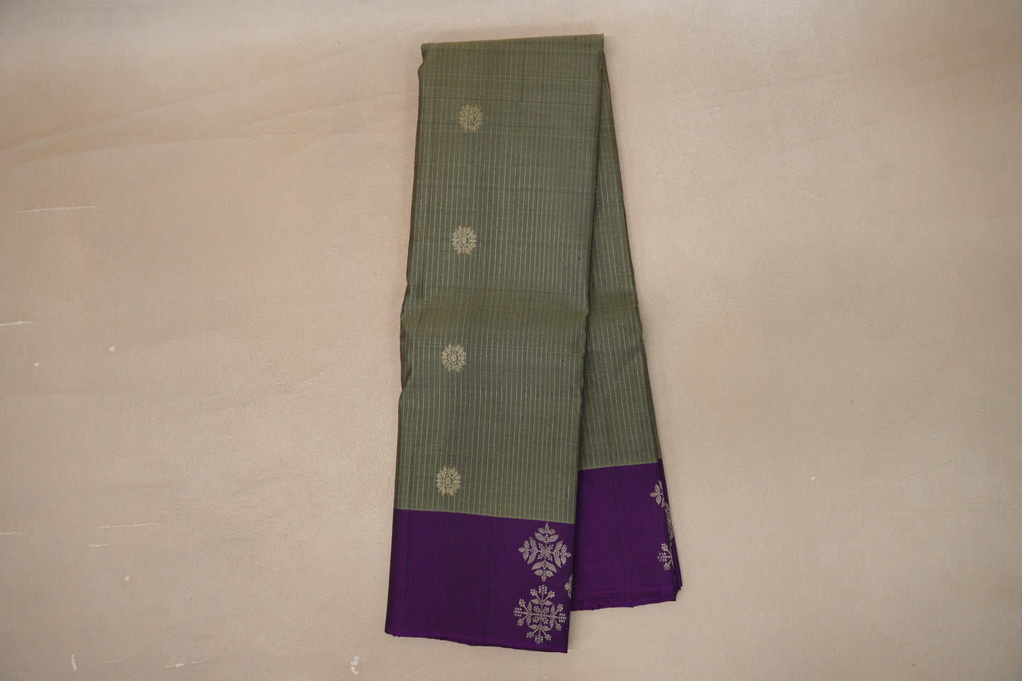Online Grey/ Olive Green with Violet Borders Vintage Kanjivaram Silk Saree