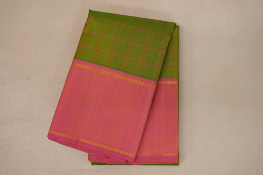 Yellowish Green with Dual Tone of Yellow and Pink Borders Vintage Kanjivaram Silk Saree