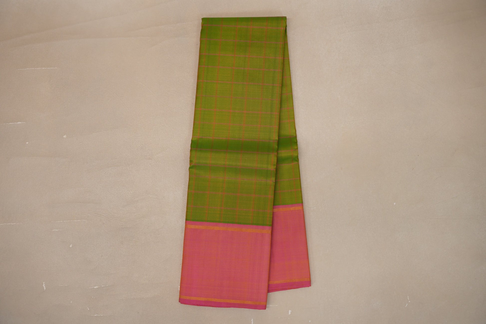 Online Yellowish Green with Dual Tone of Yellow and Pink Borders Vintage Kanjivaram Silk Saree