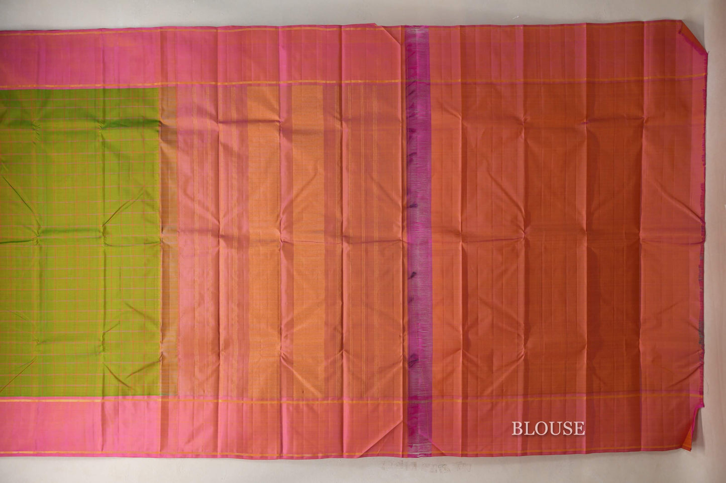 Yellowish Green with Dual Tone of Yellow and Pink Borders Vintage Kanjivaram Silk Saree blouse