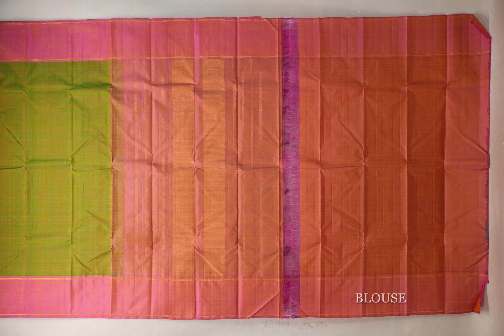 Yellowish Green with Dual Tone of Yellow and Pink Borders Vintage Kanjivaram Silk Saree blouse