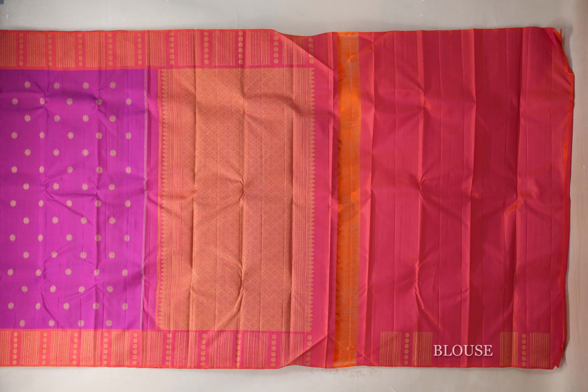 Deep Magenta with Orangish Pink Borders Vintage Kanjivaram Silk Saree blouse