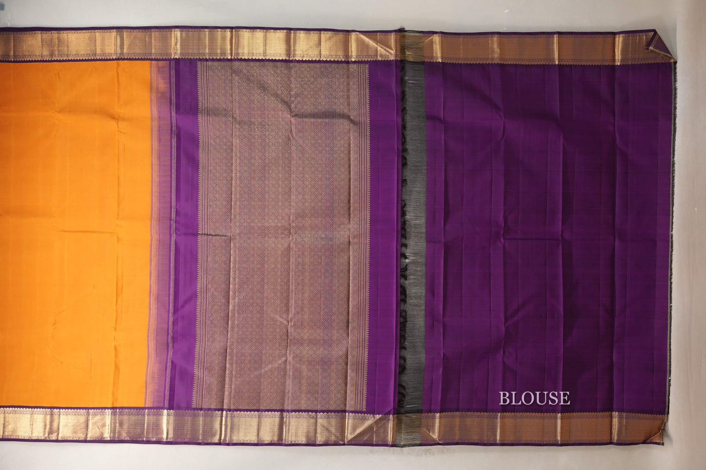 Mustard Orange with Deep Purple Borders Vintage Kanjivaram Silk Saree blouse