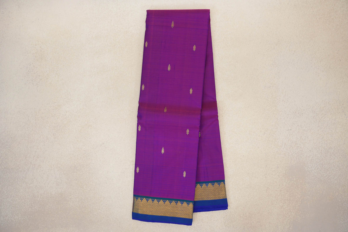 Dual Tone of Blue and Magenta with Peacock Green Borders Vintage Kanjivaram Silk Saree by Shreenivas Silks PSSR0110468
