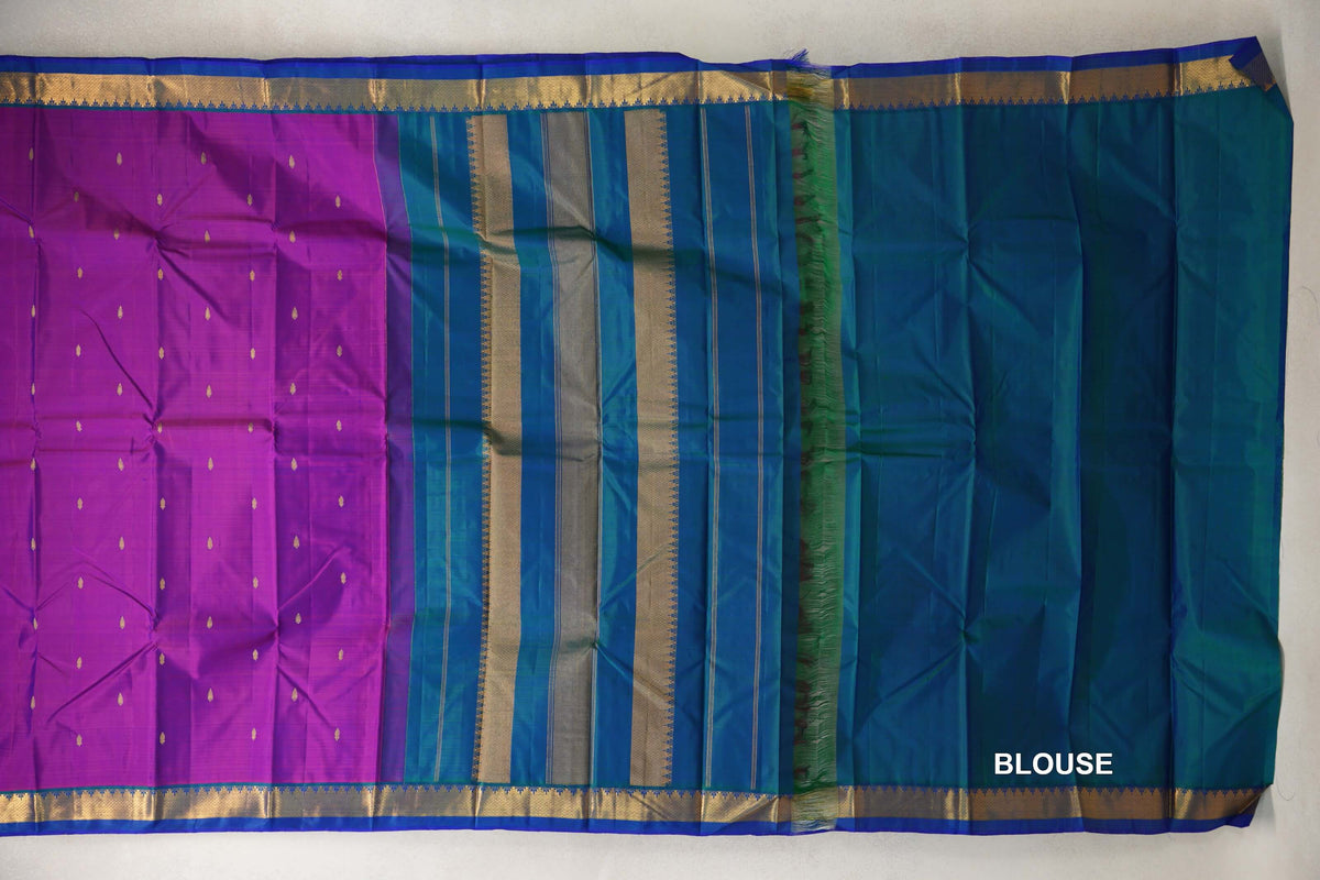 Dual Tone of Blue and Magenta with Peacock Green Borders Vintage Kanjivaram Silk Saree by Shreenivas Silks PSSR0110468