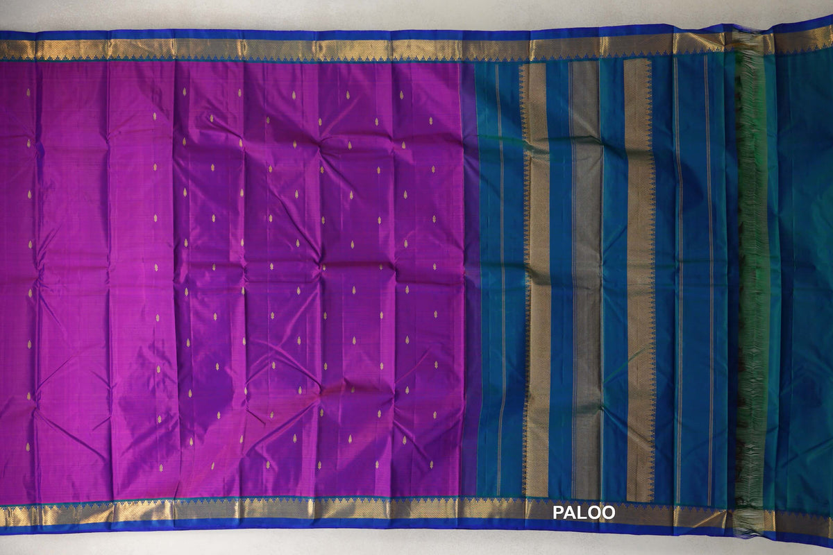 Dual Tone of Blue and Magenta with Peacock Green Borders Vintage Kanjivaram Silk Saree by Shreenivas Silks PSSR0110468